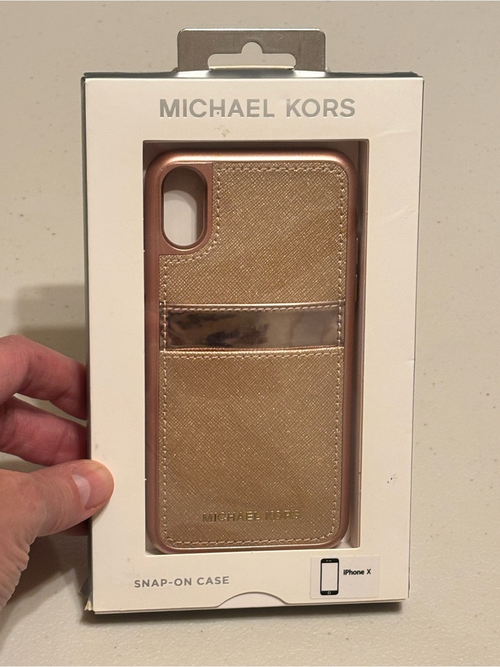 Michael Kors Pink Rose Gold Glitter Snap-On iPhone X Case w/card holder NIB